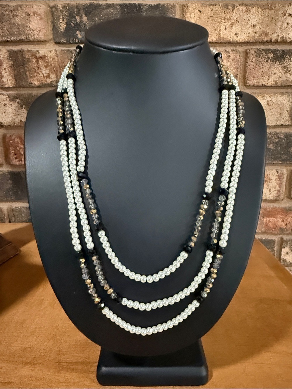 Metallic, faux pear, and black beaded necklace 65”